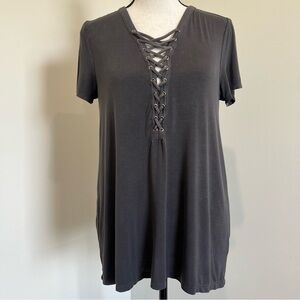 Lace-up Deep V Grunge Charcoal Gray Soft Viscose Comfy Tee, Goth, Moto
